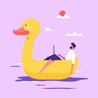 freelance deitado no anel flutuante relaxe no mar trabalha on-line no laptop. homem usa computador gosta de trabalho remoto nas férias de verão ou férias. terceirização, autônomo. ilustração vetorial vetor