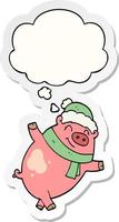 porco dos desenhos animados usando chapéu de natal e balão de pensamento como um adesivo impresso vetor
