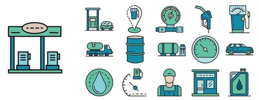 vetor de cor de linha de conjunto de ícones de posto de gasolina