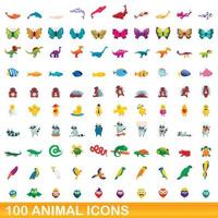 conjunto de 100 ícones de animais, estilo cartoon vetor