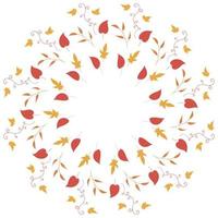 moldura redonda com folhas verticais vermelhas, laranja, amarelas e elementos decorativos folhas em fundo branco. coroa isolada para seu projeto. vetor