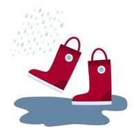 botas de borracha em tempo chuvoso poça pingos de chuva vetor