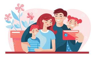pai, mãe e filhos tiram uma selfie em família vetor