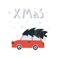 feliz natal e feliz ano novo cartão com carro vermelho bonito, árvore de natal e letras. modelo de design desenhado à mão para cartão postal, pôster, convite. ilustração vetorial. vetor
