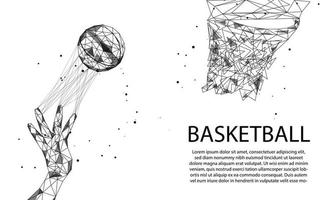 basquete passando pela cesta de linhas, triângulos, partículas, low poly e design de wireframe vetor