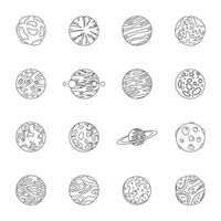 conjunto de ícones de planetas fantásticos, estilo de estrutura de tópicos vetor