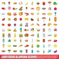 Conjunto de 100 ícones de comida e bebida, estilo cartoon vetor