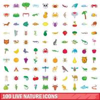 100 ícones da natureza ao vivo, estilo cartoon