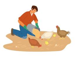 mulher agricultora trabalhando alimenta frango com gtains. ilustração vetorial plana. vetor