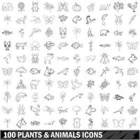 Conjunto de 100 ícones de plantas e animais, estilo de contorno vetor