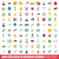 Conjunto de 100 ícones de faculdade e escola, estilo cartoon vetor