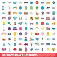 Conjunto de 100 ícones de câmera e filme, estilo cartoon vetor