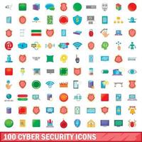 Conjunto de 100 ícones de segurança cibernética, estilo cartoon vetor