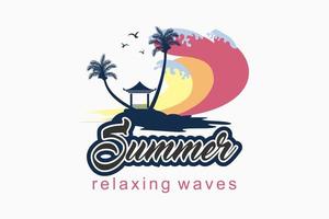 logotipo de verão com conceito de silhueta de coqueiro e gazebo na ilustração de fundo de onda vetor