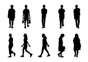 coleção silhuetas de pessoas andando, vetor de homens e mulheres em fundo branco