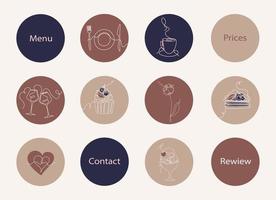 pictogramas vetoriais. capa de destaques do instagram de mídia social. ícones bonitos para restaurante, café ou bar. vetor