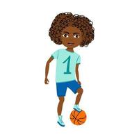 ilustração em vetor de atividade esportiva infantil. menino com bola. jogador de basquete. retrato de estilo cartoon isolado no fundo branco.