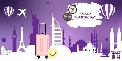 dia mundial do turismo, mala, chapéu, bússola, avião, balão, monumentos, arquitetura, ilustração plana de moda, bandeira vetor