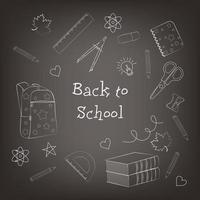 cartaz de volta à escola, material escolar em estilo rabisco com giz no fundo do quadro-negro, ilustração vetorial vetor