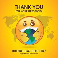 dia mundial da saúde emoji emocional e conceito de vírus corona com elemento vetorial. emoji segurando mundo e estetoscópio. vetor