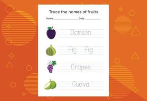 trace os nomes das frutas. prática de caligrafia para crianças pré-escolares. vetor