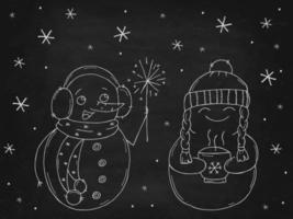 conjunto de bonecos de neve bonitos em um quadro de giz preto. ilustração vetorial em estilo doodle. clima de inverno. olá 2023. feliz natal e feliz ano novo.