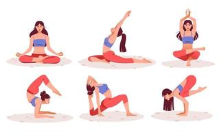 as mulheres praticam ioga e meditação. praticar meditação. o conceito de zen e harmonia. saúde mental. uma garota em diferentes poses de ioga. ilustração vetorial vetor