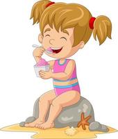 menina dos desenhos animados sentar e comer um sorvete vetor