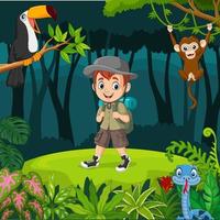 menino explorador de desenhos animados com animais na selva vetor