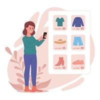 conceito de compras móveis. uma mulher compra coisas na loja online. vetor