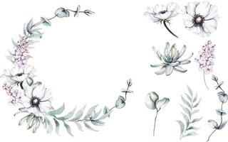 coroa de flores watercolor.elegant coleção floral arranjos botânicos de anemone.design para convite, casamento ou cartões. vetor
