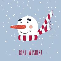 cartão de natal com boneco de neve fofo no cachecol. ilustração vetorial é adequada para usar um cartão de felicitações, pôster e assim por diante. vetor