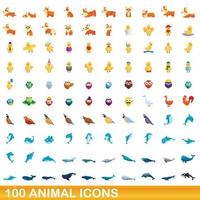 conjunto de 100 ícones de animais, estilo cartoon vetor