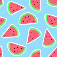 sem costura padrão de fatias de melancia em um fundo azul. ilustração vetorial de frutas frescas de verão. design tropical de verão suculento colorido vetor