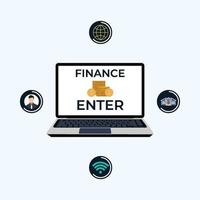 serviço on-line financeiro e bancário com um vetor de laptop. conceito de negócio de banco com ícones da internet e design de personagens planas. conceito de sistema bancário e financeiro on-line com um laptop e moedas de ouro.