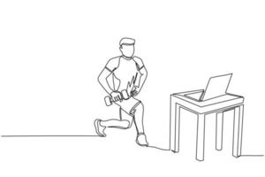 único homem de desenho de linha fazendo fitness em casa em aulas on-line usando seu laptop. conceito de curso online de fitness. treinamento esportivo online no laptop. vetor gráfico de design de desenho de linha contínua moderno