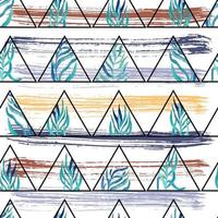 galhos de aquarela com folhas em quadros de triângulos no fundo de listras de textura de traços de tinta padrão geométrico vetorial sem costura vetor