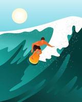 surfista masculino em uma prancha de surf em uma onda do mar. marinha de verão, ilustração, pôster. vetor