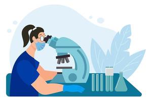 conceito de laboratório. uma mulher de óculos com um microscópio realiza pesquisas. biólogo, químico ou pesquisador médico. vetor de ilustração