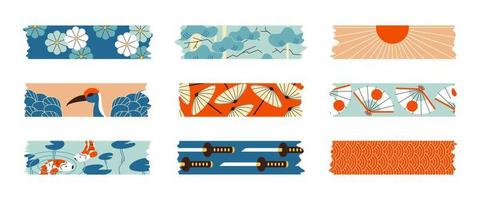 washi tape conjunto de elementos de design japonês. coleção de tiras de fita adesiva com um padrão de peixe koi, lótus, guarda-chuva, katana e leque. pedaços de papel adesivo para molduras, scrapbooking, adesivos. vetor
