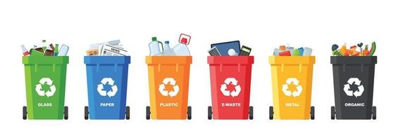muitas latas de lixo com lixo classificado. triagem de lixo. conceito de ecologia e reciclagem. latas de lixo isoladas no fundo branco. ilustrações vetoriais planas. vetor