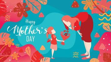 feliz dia das mães filha criança parabeniza a mãe e dá suas flores tulipas e uma caixa de presente nas costas. estilo de design plano de ilustração vetorial com cor coral viva na moda 2019.