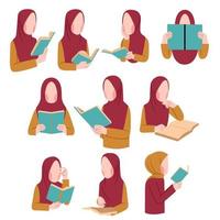 conjunto de mulher muçulmana lendo um livro vetor