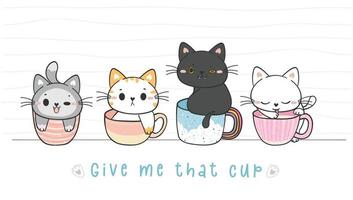 gatinho fofo e engraçado na coleção de canecas de xícara de café, adorável animal de estimação desenho à mão doodle vetor