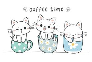 grupo de gatinhos fofos e engraçados sentados na coleção de canecas de xícara de café, adorável animal de estimação desenhando vetor de doodle