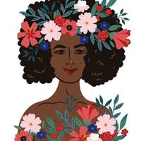 retrato de uma mulher negra com um penteado afro e flores. gráficos vetoriais. vetor