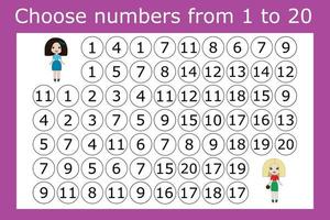 labirinto de contagem para crianças. um jogo divertido, um quebra-cabeça matemático com a seleção de números de 1 a 20 na ordem correta vetor