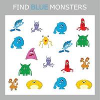 encontre o personagem monstro azul entre outros. procurando azul. jogo de lógica para crianças. vetor