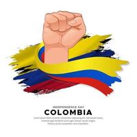design do dia da independência da colômbia com a mão segurando a bandeira. vetor de bandeira ondulada da colômbia