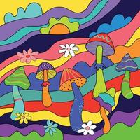 ilustração em vetor de cogumelos ácido trippy. ilustração de paisagem hippie psicodélica com cogumelos vibrantes trippy